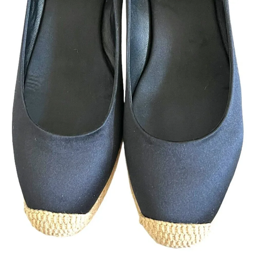 Tory Burch Heather Satin Wedge Espadrille In Black Size 6.5